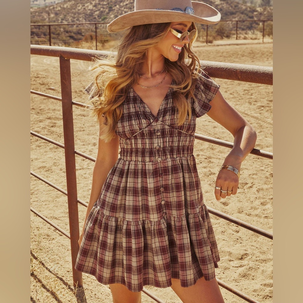 Vici Peggie Smocked Plaid Mini Dress